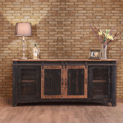 79" Black Solid Wood Cabinet Enclosed Storage Distressed TV Stand