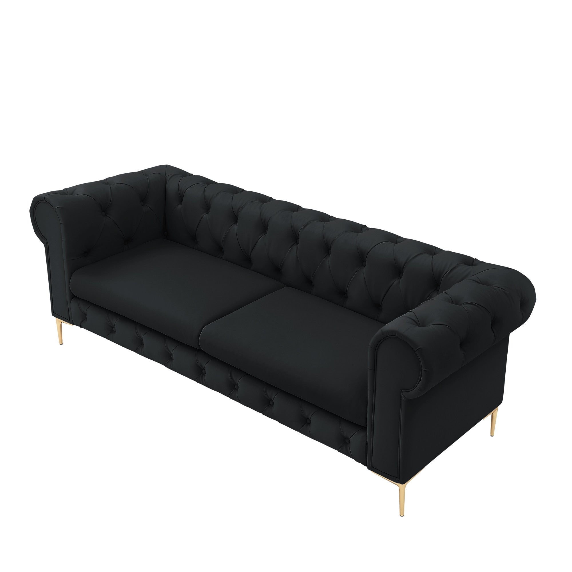 87" Black Faux Leather and Gold Chesterfield Sofa