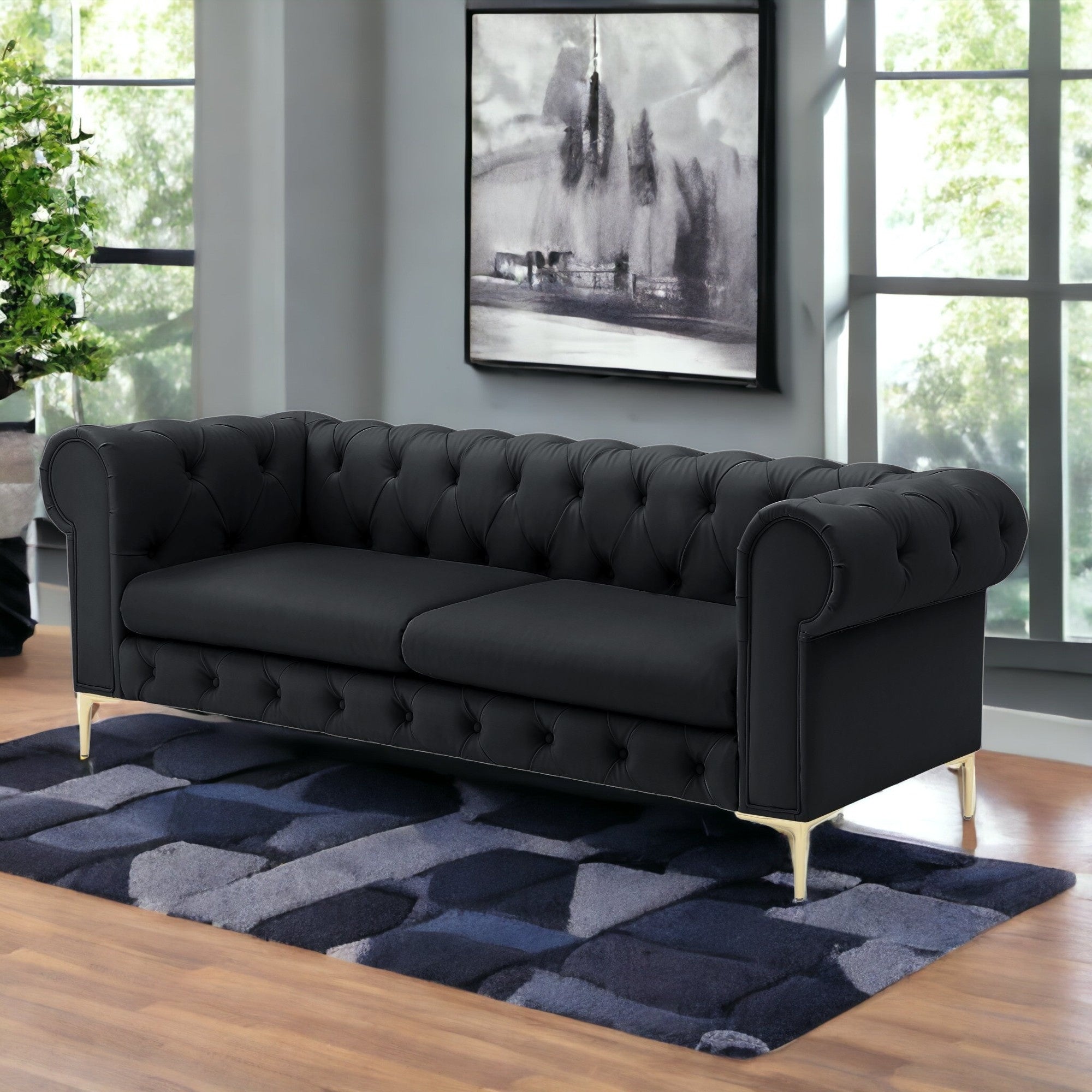 87" Black Faux Leather and Gold Chesterfield Sofa