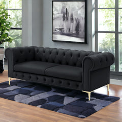 87" Black Faux Leather and Gold Chesterfield Sofa