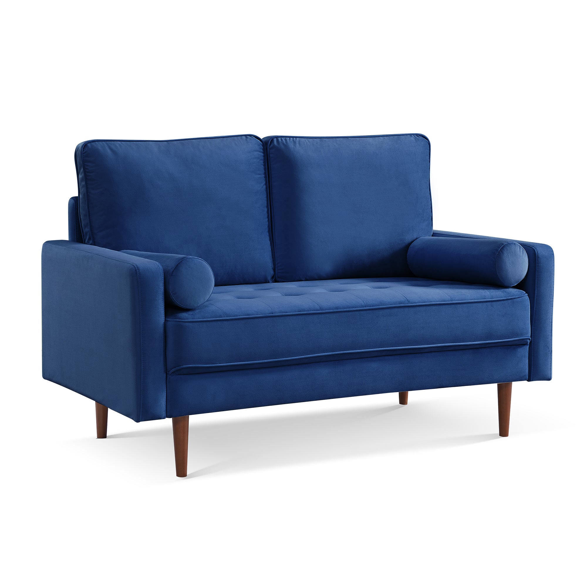 57" Blue And Dark Brown Velvet Loveseat and Toss Pillows