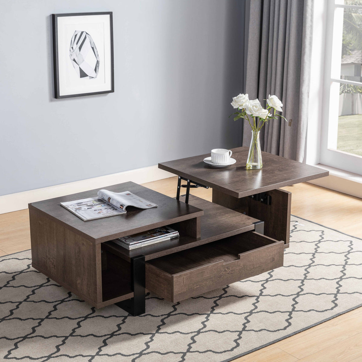 47" Brown And Black Lift Top Coffee Table With Drawer And Shelf