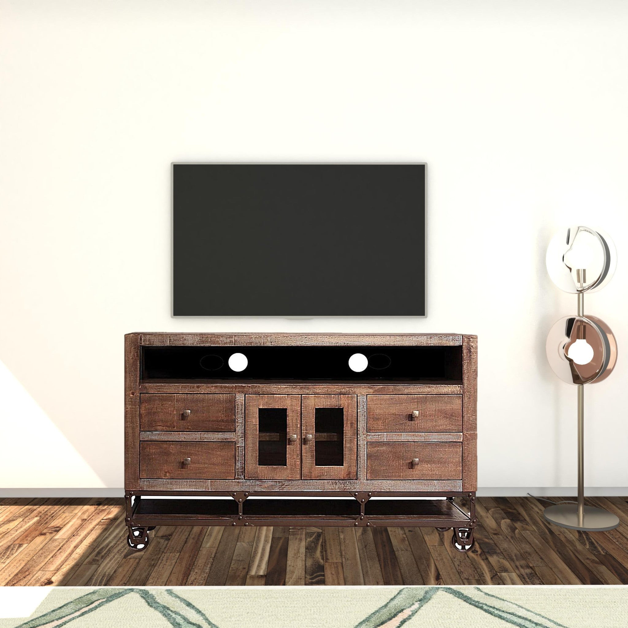 62" Brown Solid Wood Cabinet Enclosed Storage Distressed TV Stand