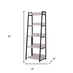 67" Natural and Black Metal Five Tier Ladder Bookcase