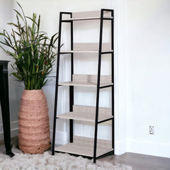 67" Natural and Black Metal Five Tier Ladder Bookcase