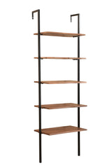 72" Brown Metal and Solid Wood Five Tier Ladder Bookcase