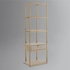 68" Cream Stainless Steel Four Tier Etagere Bookcase with a drawer