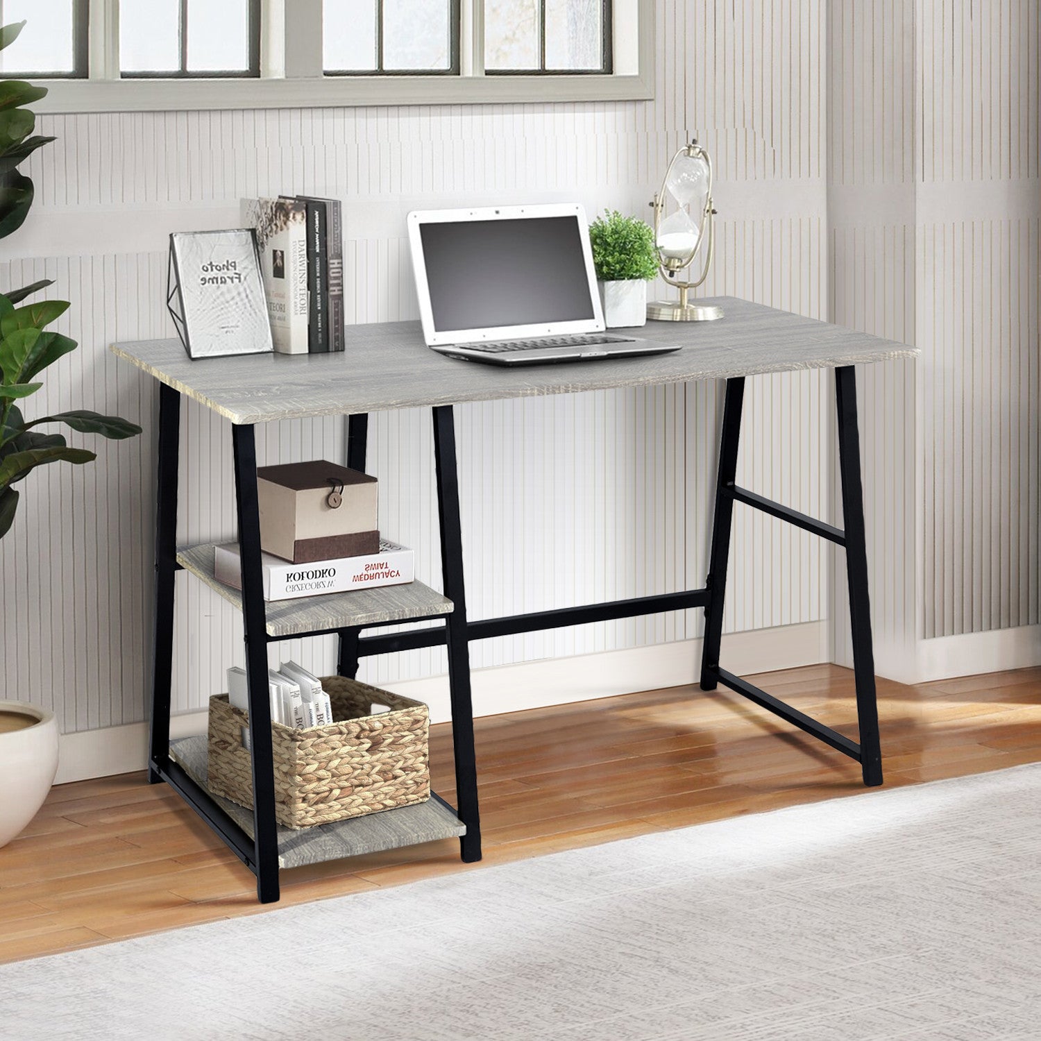 Modern Geo Dark Grey Home Office Table With Storage Shelves