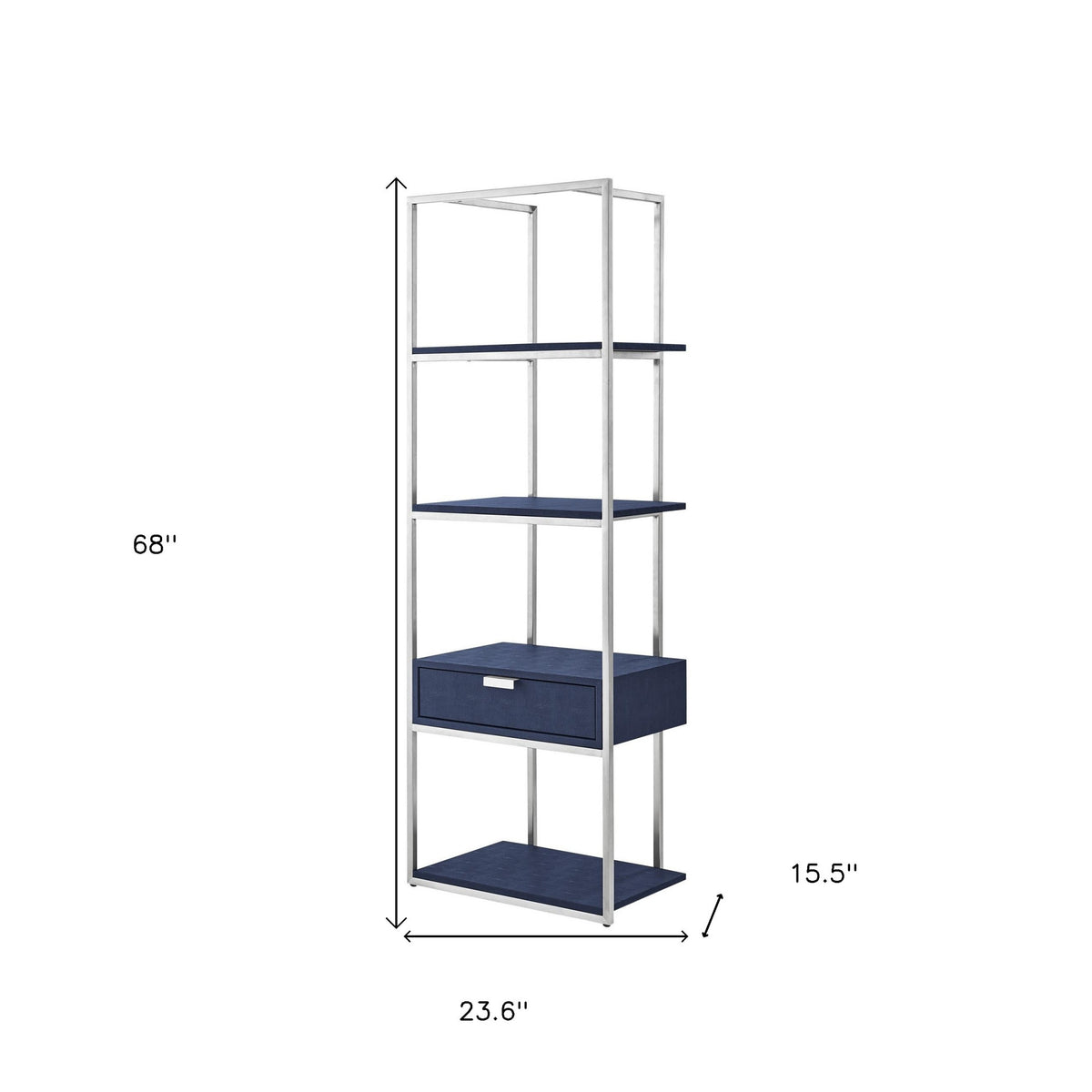 68" Navy Blue Stainless Steel Four Tier Etagere Bookcase with a drawer