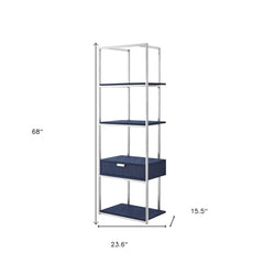 68" Navy Blue Stainless Steel Four Tier Etagere Bookcase with a drawer