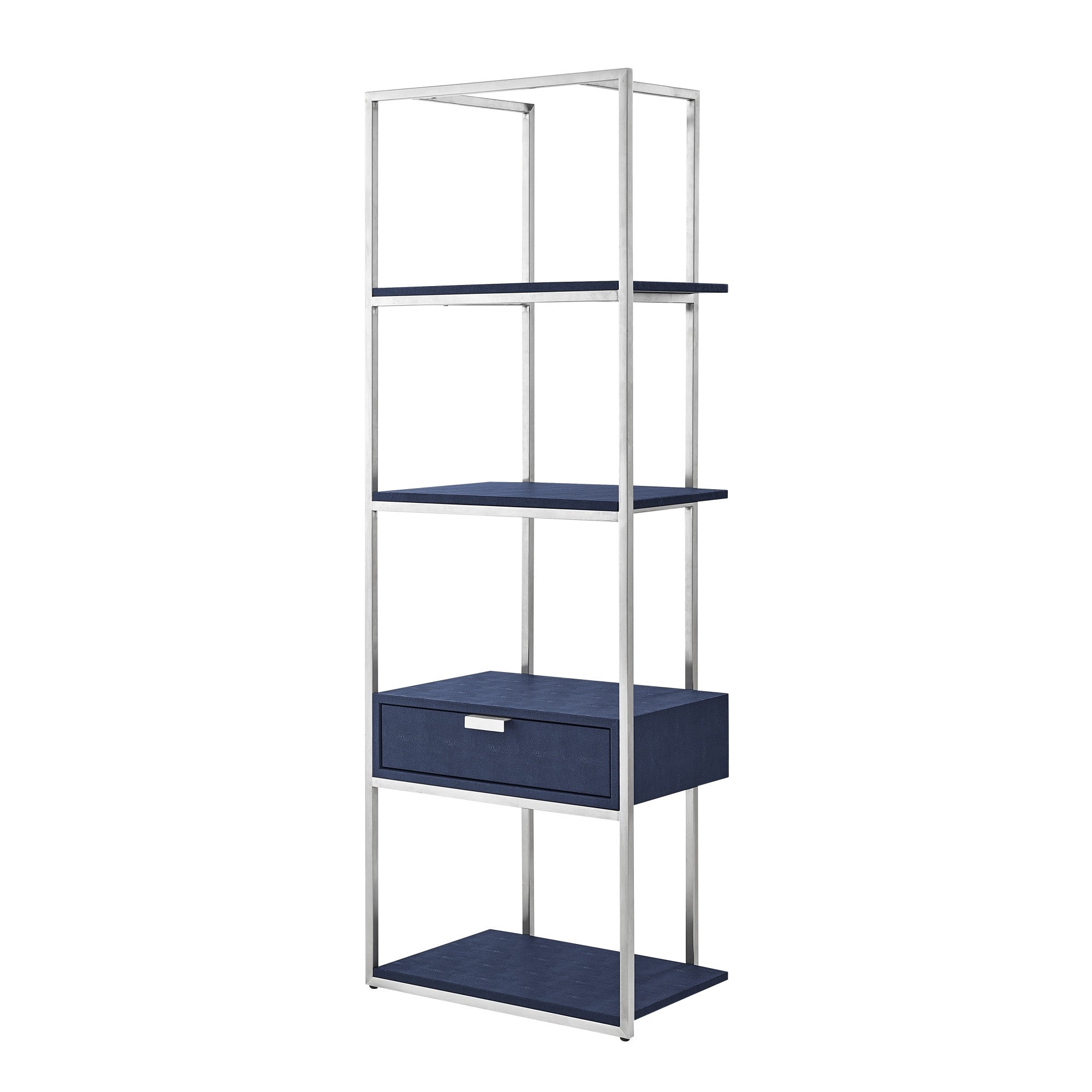 68" Navy Blue Stainless Steel Four Tier Etagere Bookcase with a drawer