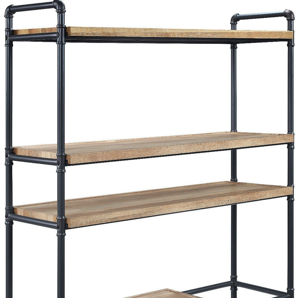 65" Brown and Black Metal Five Tier Etagere Bookcase