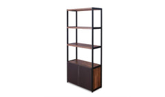 70" Brown and Black Metal Three Tier Bookcase with Two doors