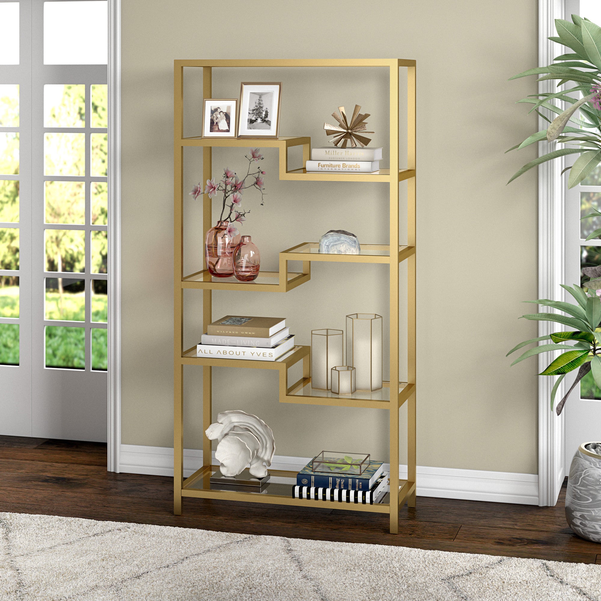 68" Gold Metal and Glass Seven Tier Etagere Bookcase