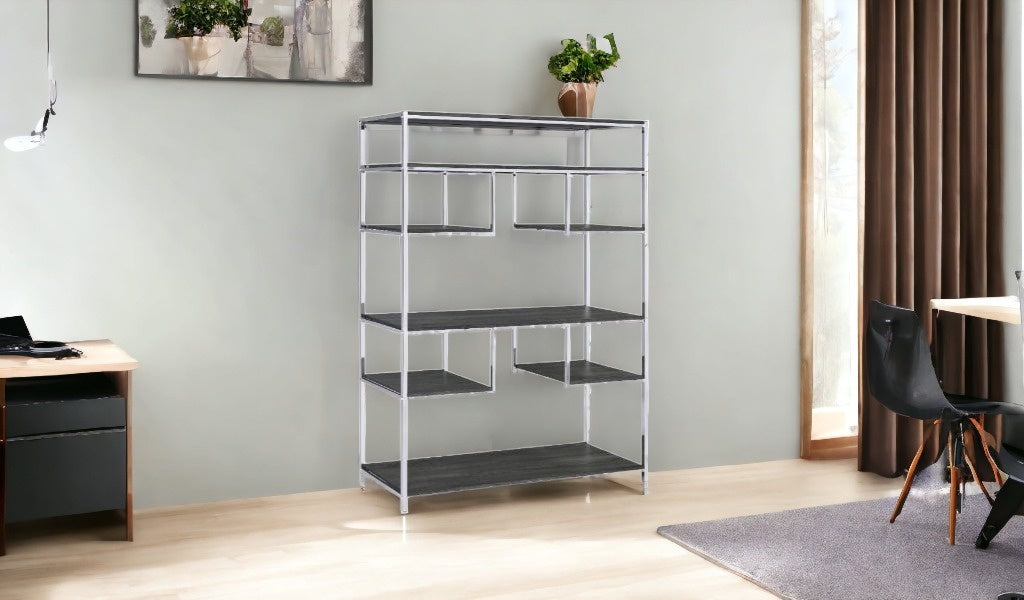 72" Gray and Silver Metal Seven Tier Geometric Bookcase