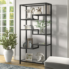 68" Black Metal and Glass Seven Tier Etagere Bookcase