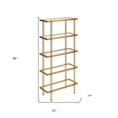 68" Gold Metal And Glass Five Tier Standard Bookcase