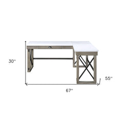 67" White and Brown Marble L Shape Writing Desk