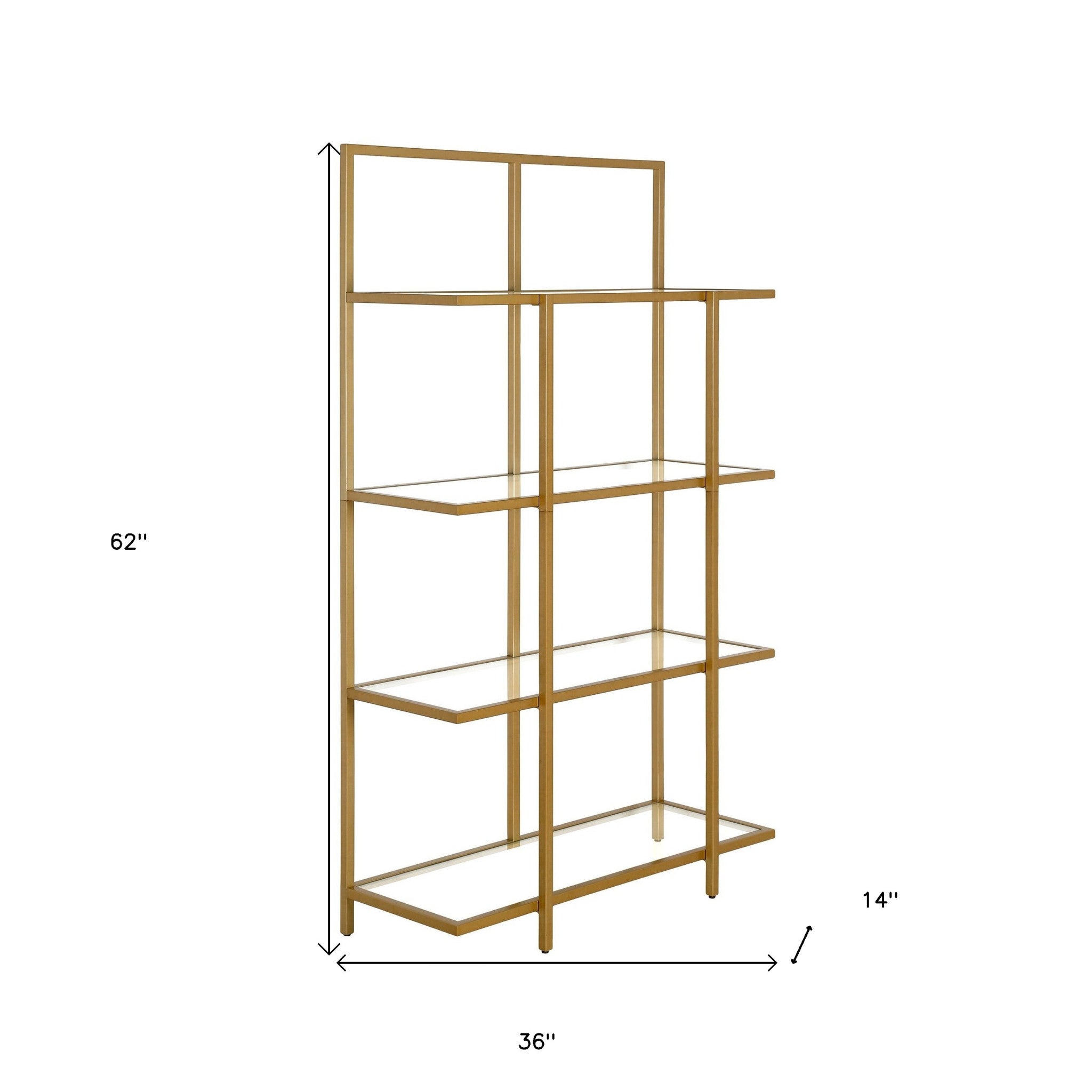 62" Gold Metal And Glass Four Tier Etagere Bookcase