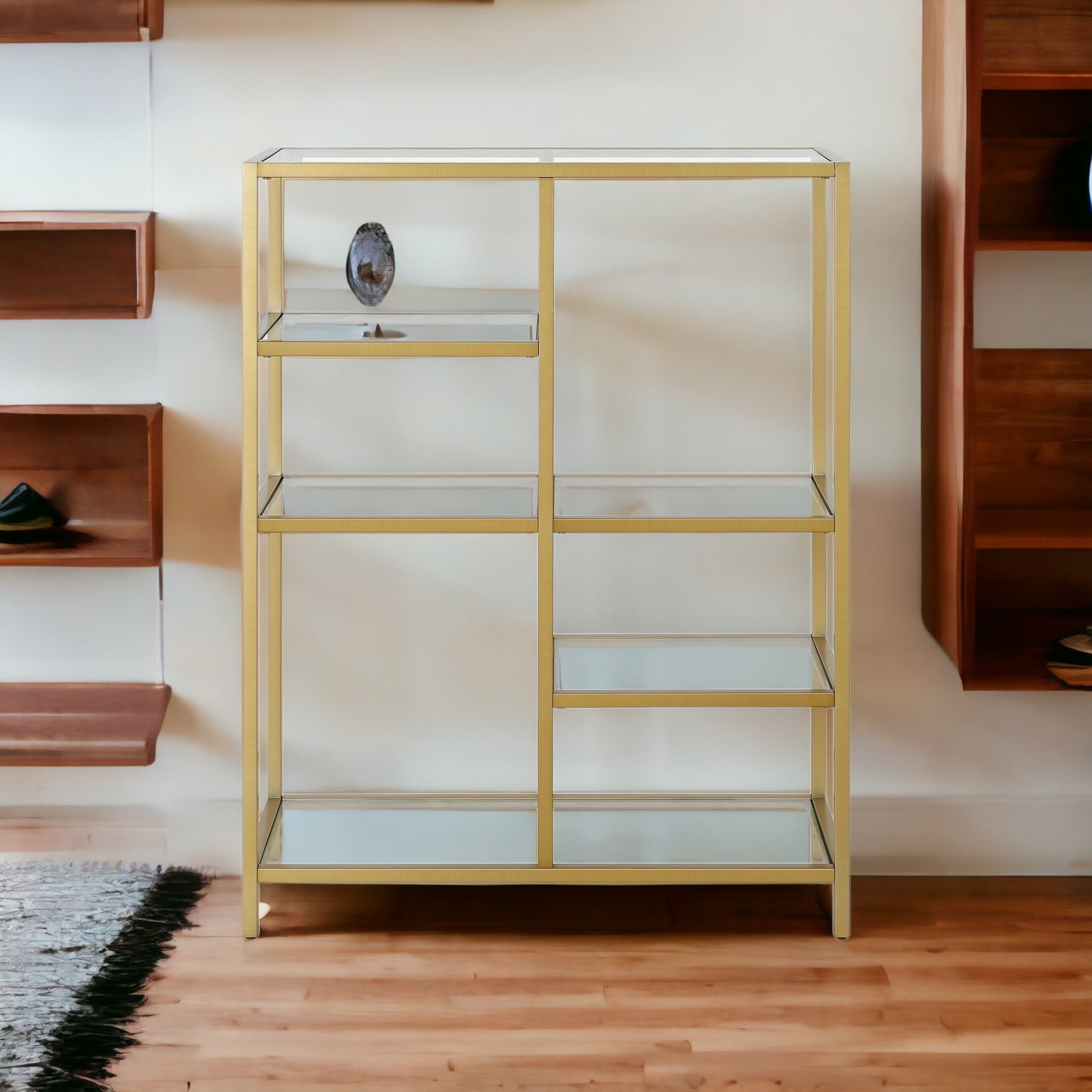 42" Gold Metal And Glass Five Tier Geometric Bookcase