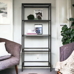 70" Black Metal and Glass Four Tier Etagere Bookcase