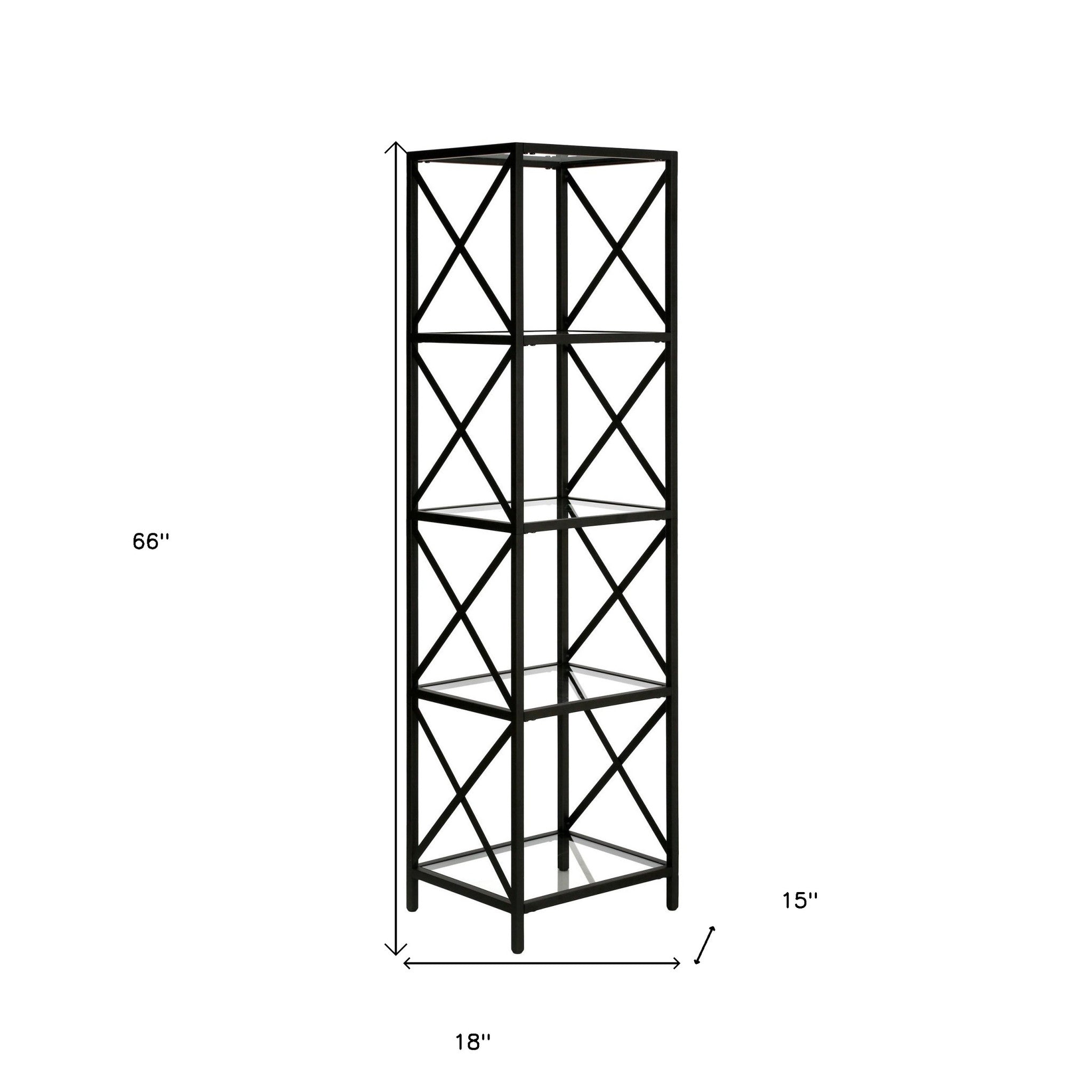 66" Black Metal And Glass Four Tier Etagere Bookcase