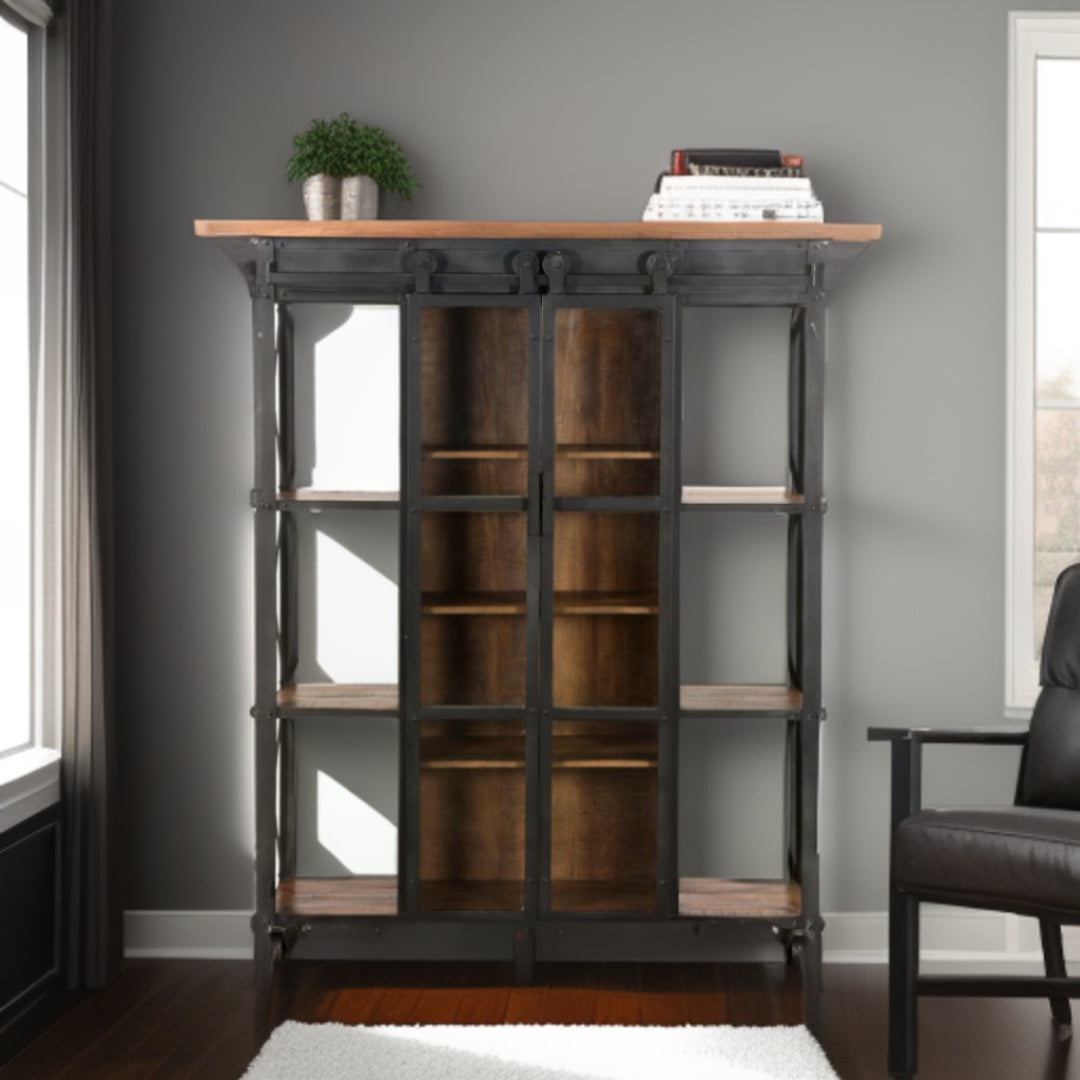 73" Brown Metal and Solid Wood Six Tier Bookcase with Two doors