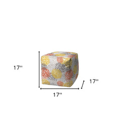 17" Gray and Yellow Polyester Cube Floral Indoor Outdoor Pouf Ottoman