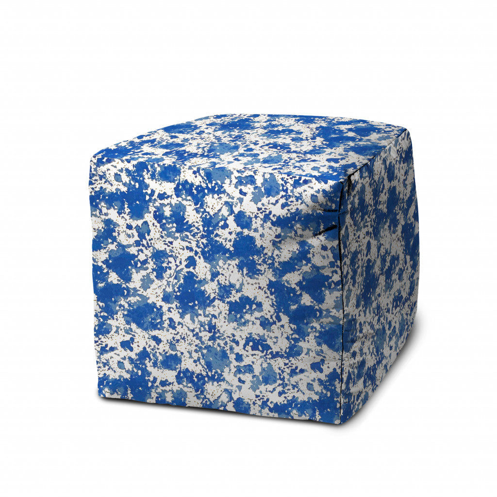 17" Blue and White Polyester Cube Abstract Indoor Outdoor Pouf Ottoman