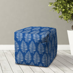 17" Blue and White Polyester Cube Floral Indoor Outdoor Pouf Ottoman