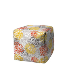 17" Gray and Yellow Polyester Cube Floral Indoor Outdoor Pouf Ottoman