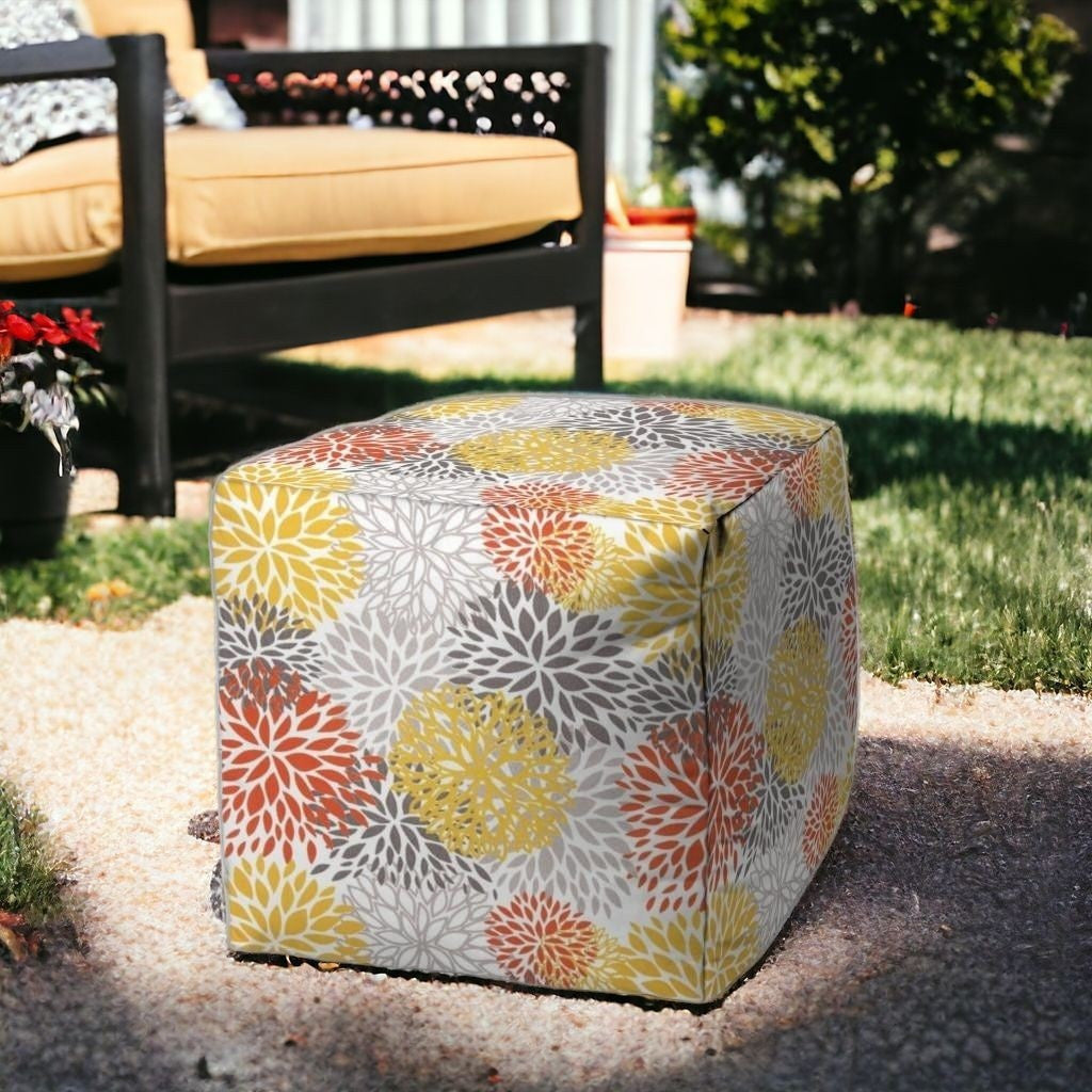 17" Gray and Yellow Polyester Cube Floral Indoor Outdoor Pouf Ottoman