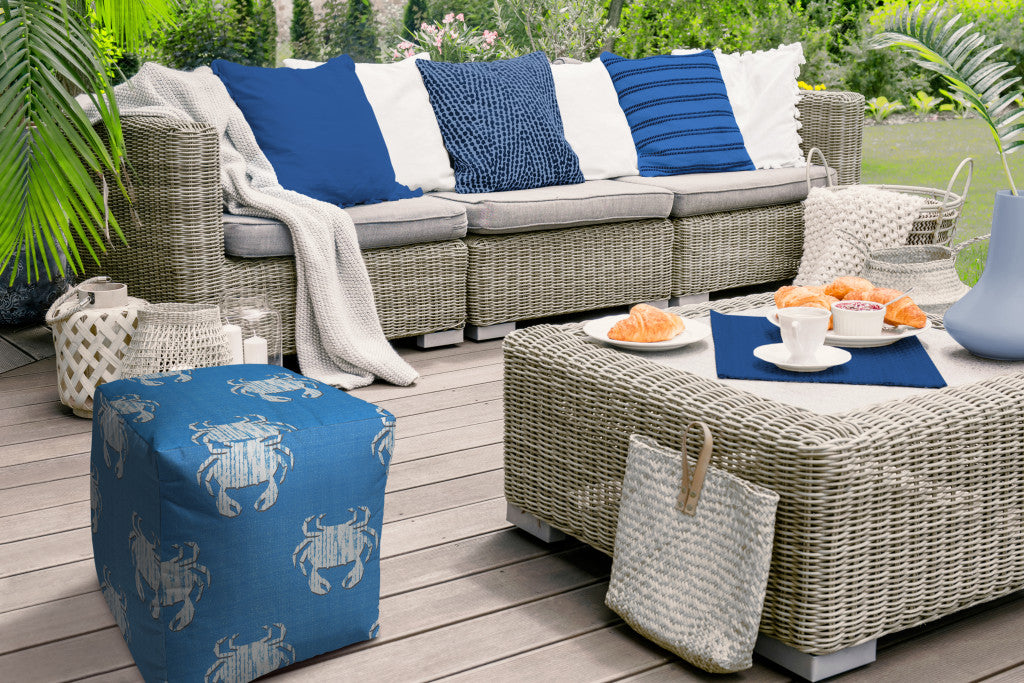 17" Blue and White Polyester Cube Crab Indoor Outdoor Pouf Ottoman