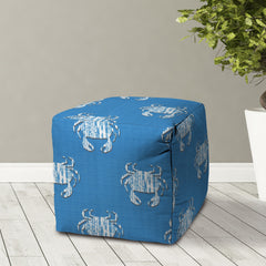 17" Blue and White Polyester Cube Crab Indoor Outdoor Pouf Ottoman