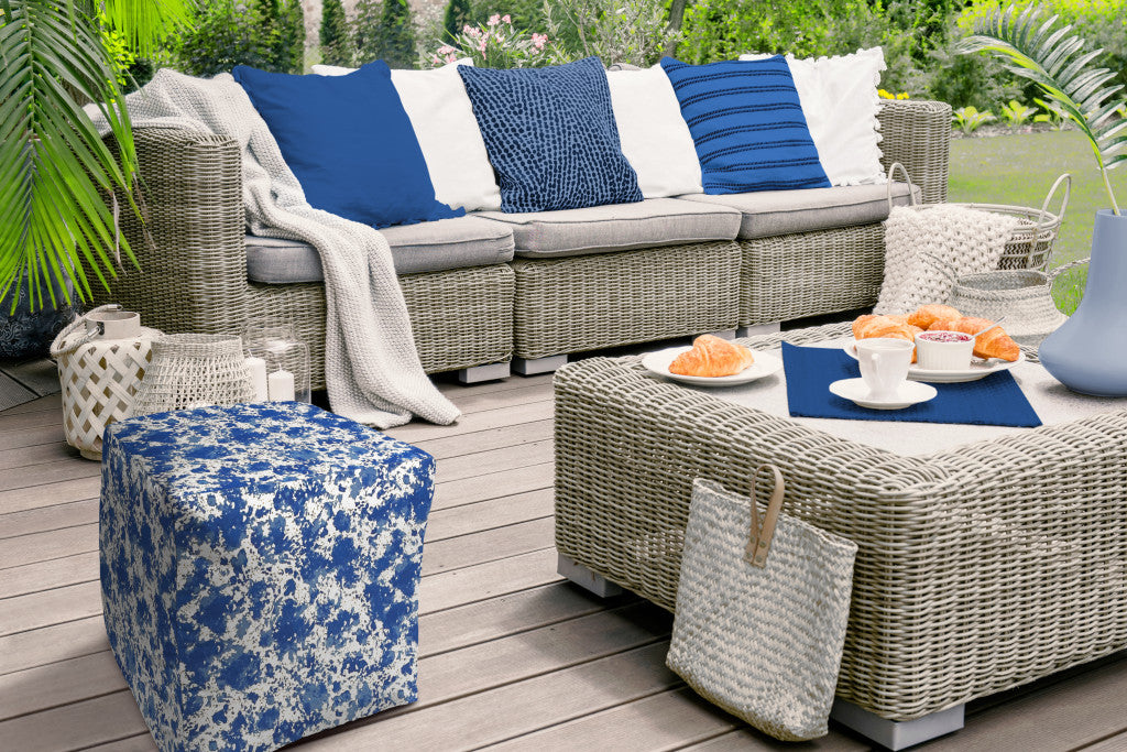 17" Blue and White Polyester Cube Abstract Indoor Outdoor Pouf Ottoman