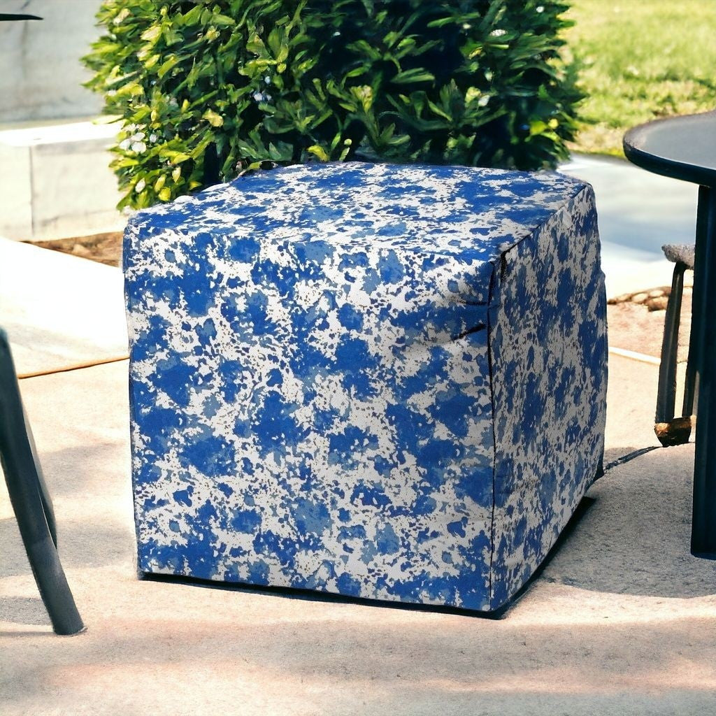 17" Blue and White Polyester Cube Abstract Indoor Outdoor Pouf Ottoman