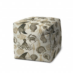 17" Beige and Gray Polyester Cube Coastal Indoor Outdoor Pouf Ottoman