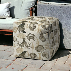 17" Beige and Gray Polyester Cube Coastal Indoor Outdoor Pouf Ottoman