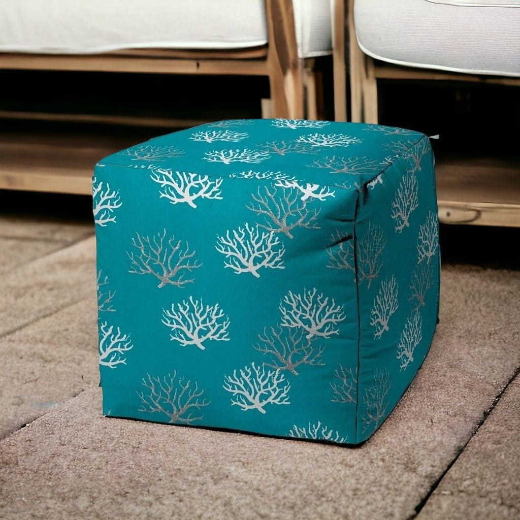 17" Blue and White Polyester Cube Coral Indoor Outdoor Pouf Ottoman