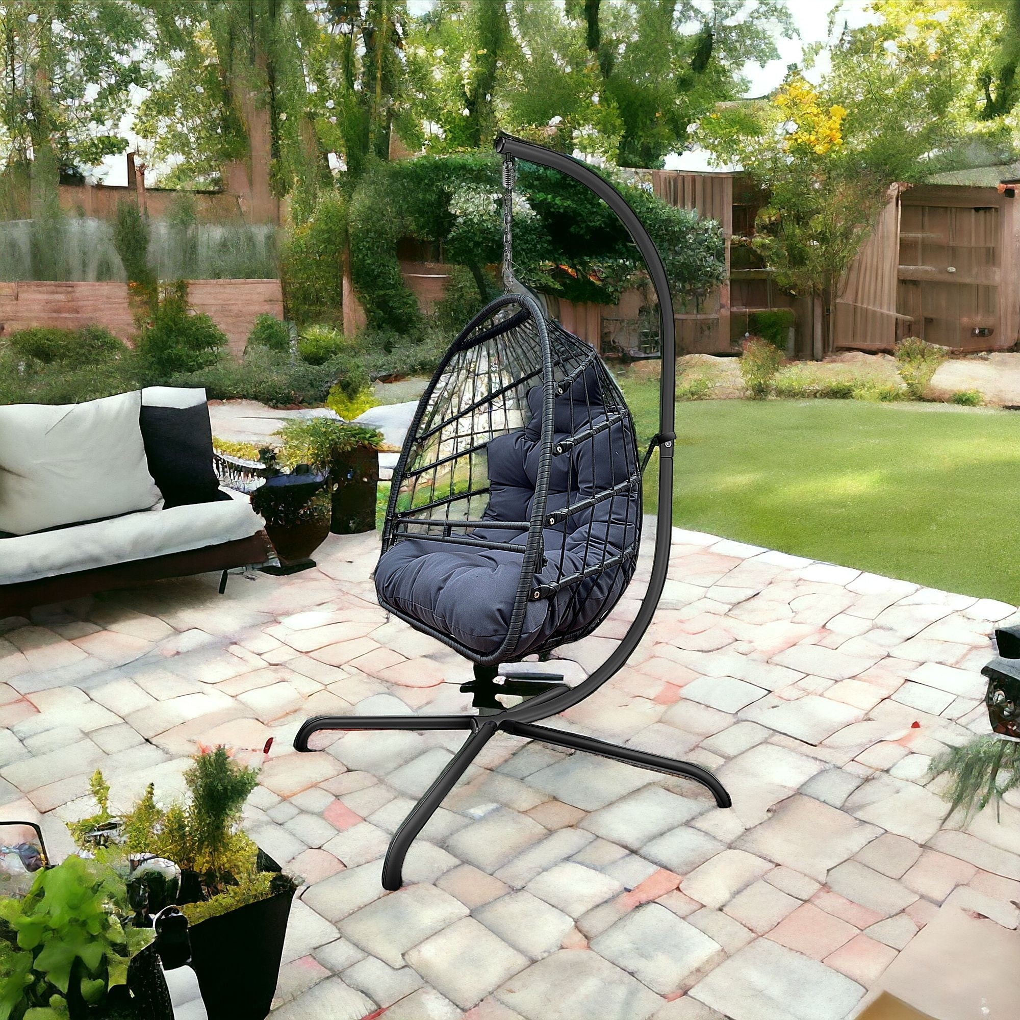 38" Beige And Black Metal Swing Chair