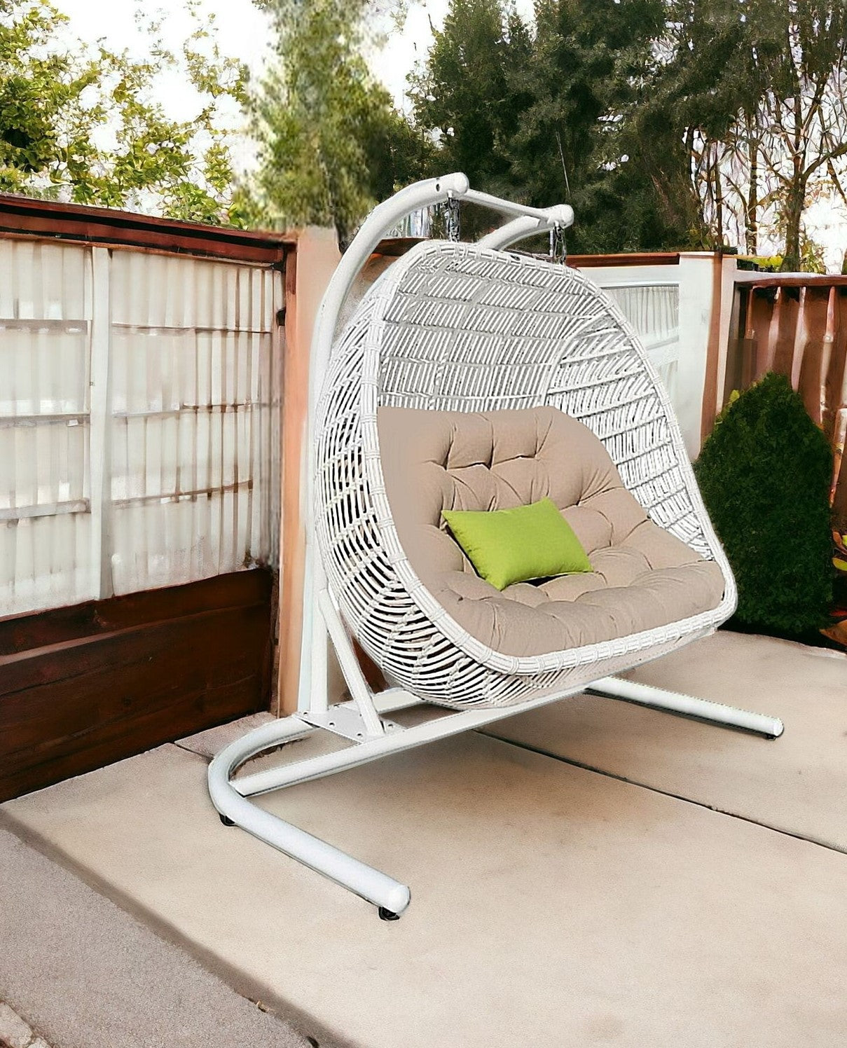 69" Beige And White Metal Swing Chair With Beige Cushion