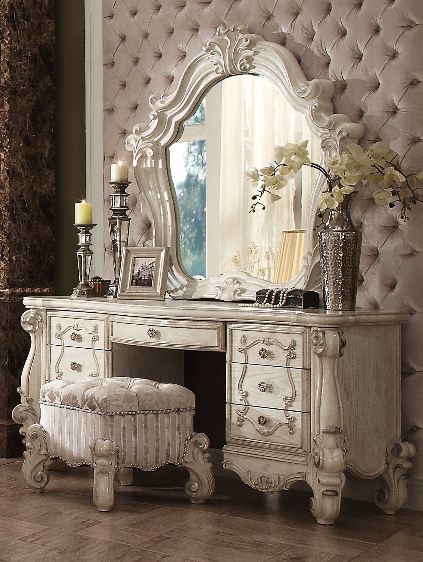 White and Silver Wood Framed Dresser Mirror