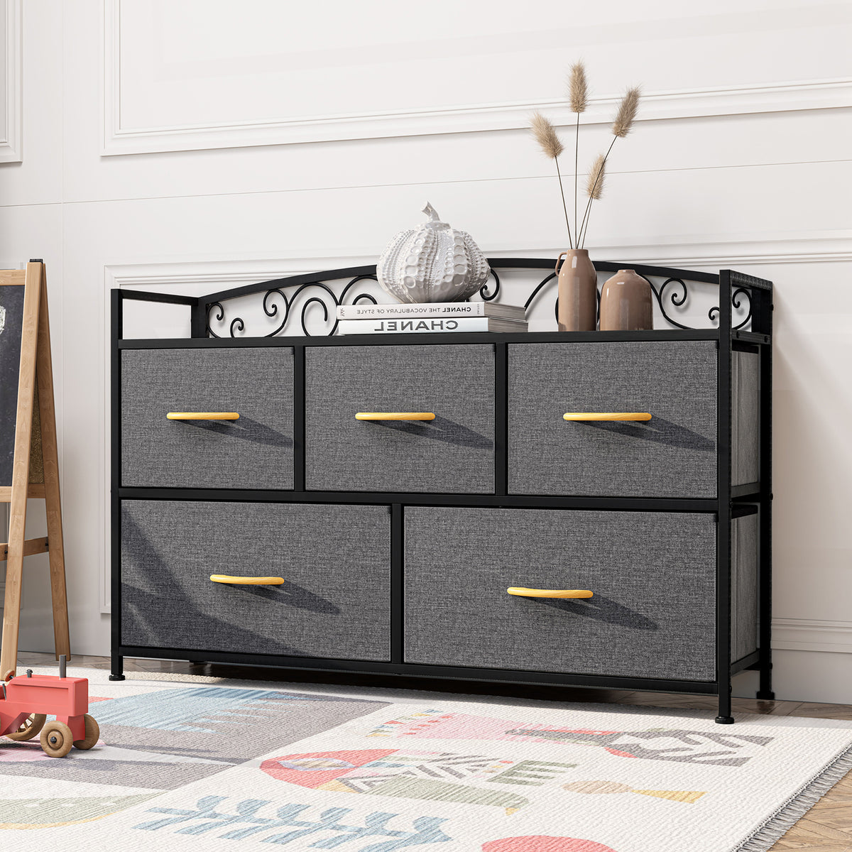 39" Gray and Black Steel and Fabric Five Drawer Combo Dresser