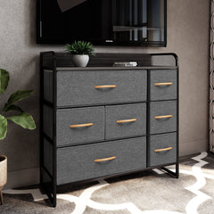 32" Gray and Black Steel and Fabric Seven Drawer Dresser