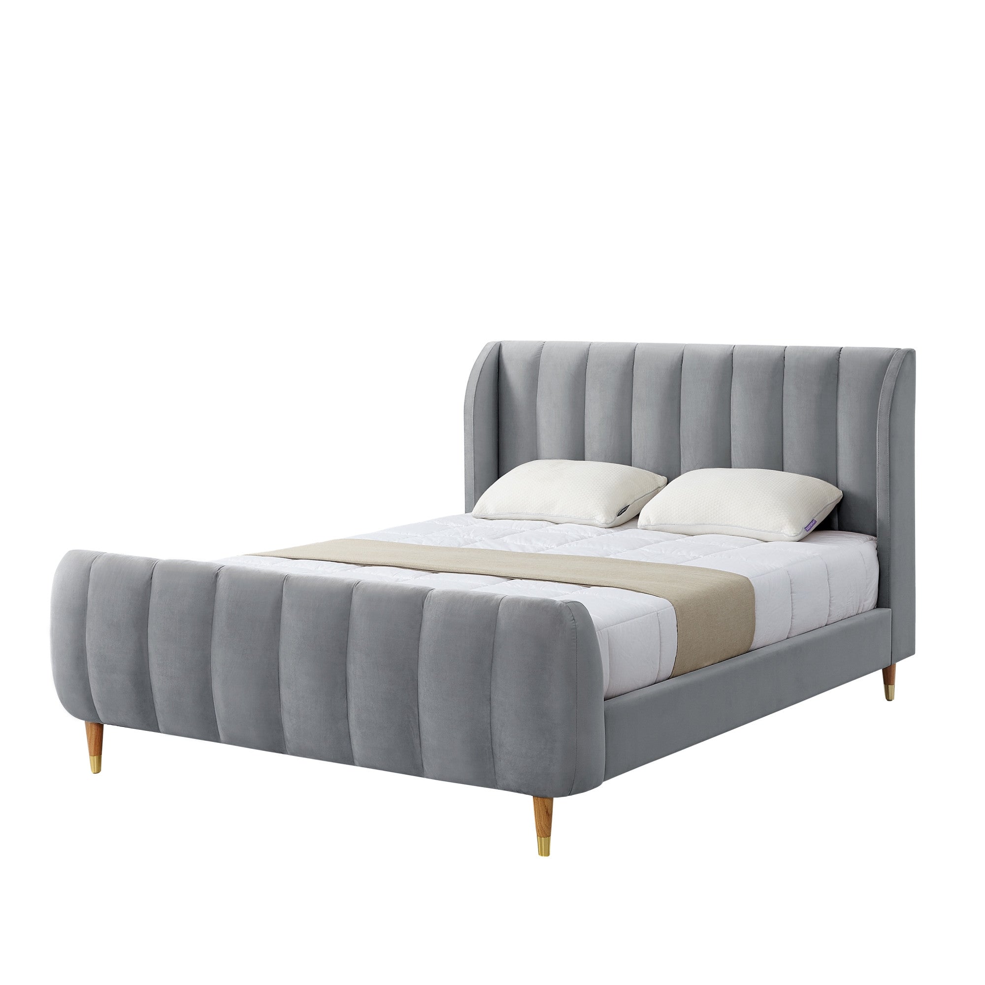 Gray Solid Wood Queen Tufted Upholstered Velvet Bed Frame