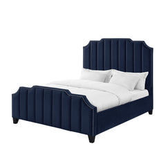 Navy Blue Solid Wood King Tufted Upholstered Velvet Bed with Nailhead Trim