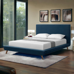 Denim Blue Solid Wood Queen Upholstered Linen Bed