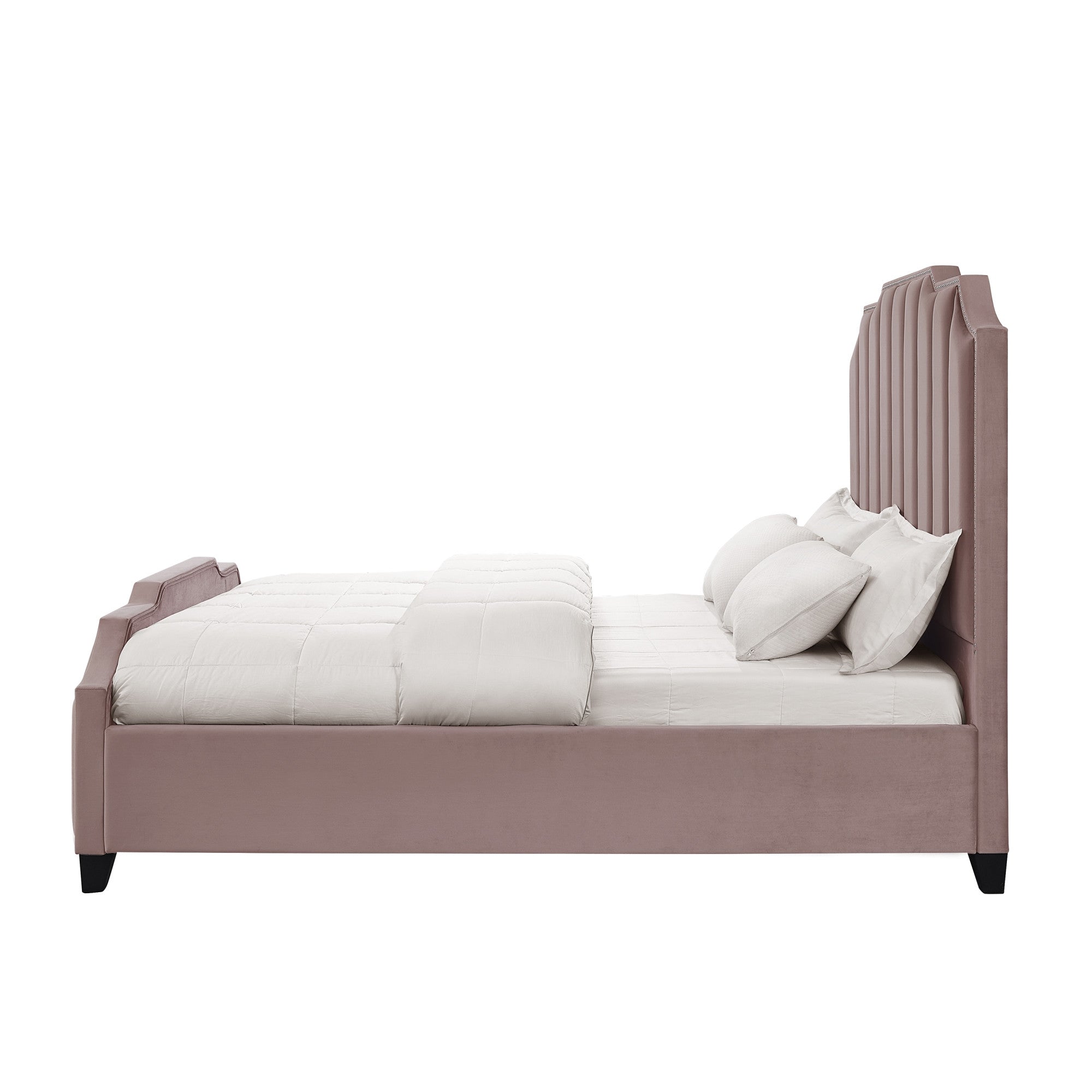 Pink Solid Wood King Tufted Upholstered Velvet Bed with Nailhead Trim