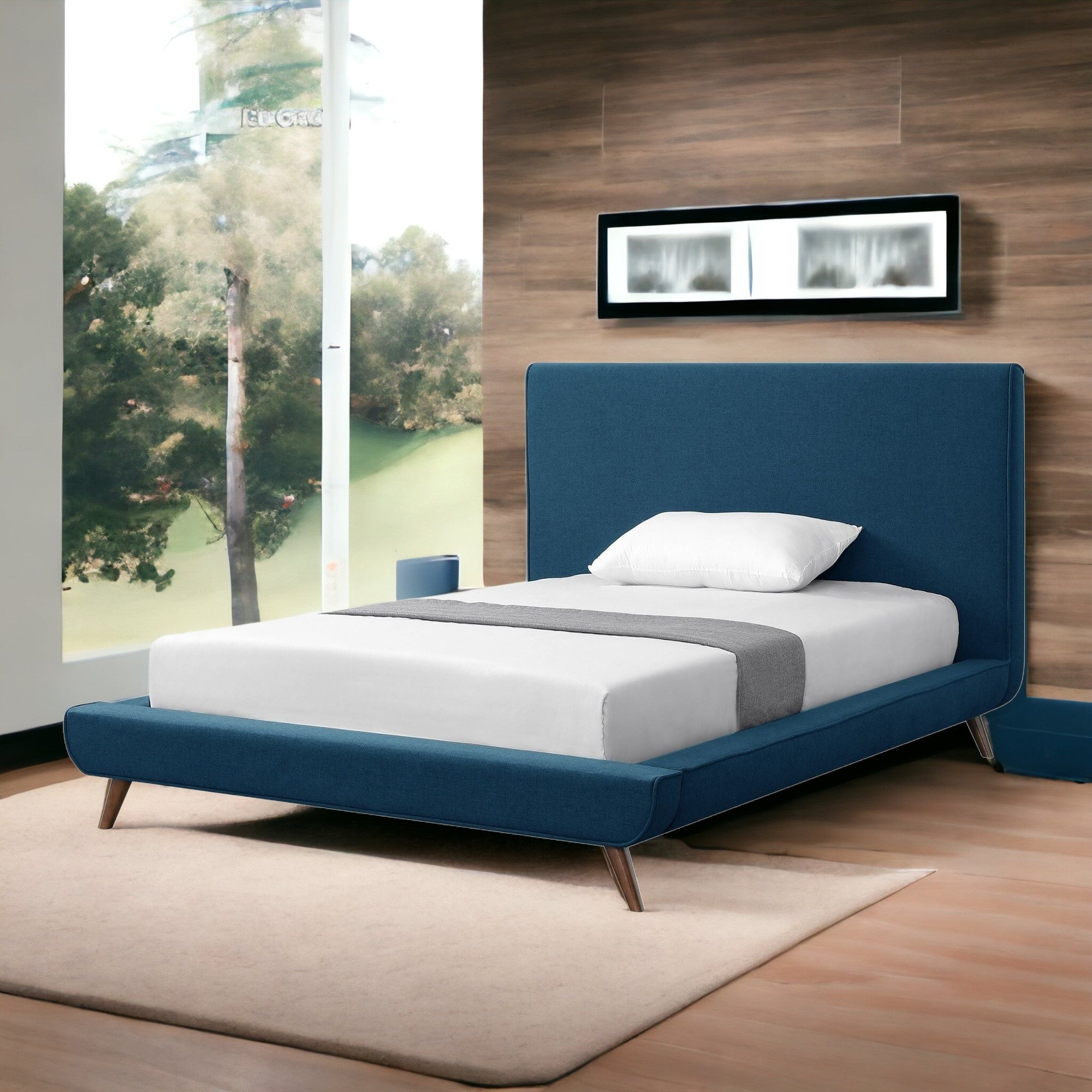 Denim Blue Solid Wood Full Upholstered Linen Bed