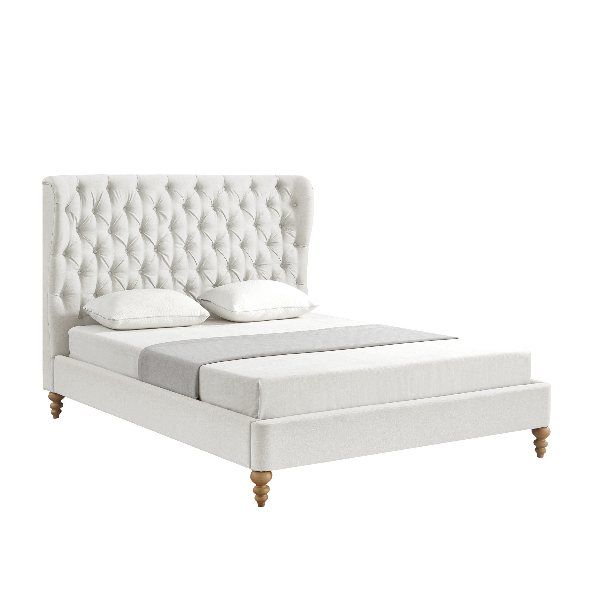 Cream Solid Wood Twin Tufted Upholstered Linen Bed